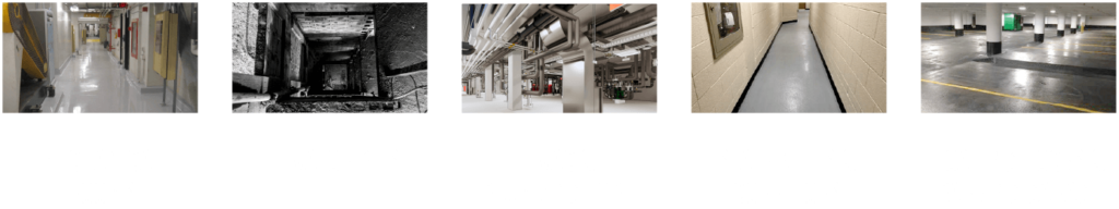 ICC - images of 5 service areas: mechanical rooms, elevator pits, HVAC and plumbing equipment, stairwells and corridors, loading docks and parking garages