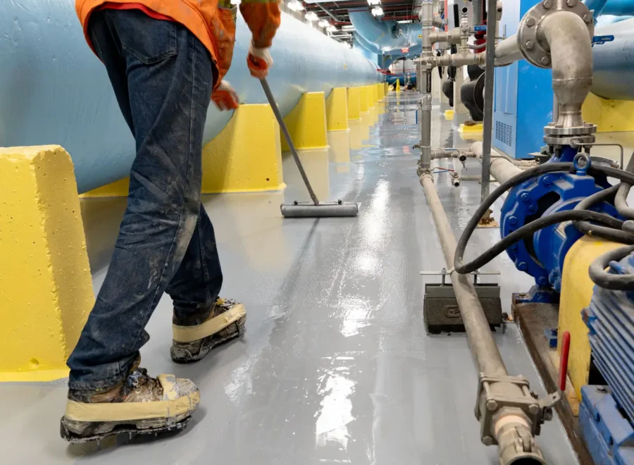 Mechanical flooring with worker applying epoxy flooring