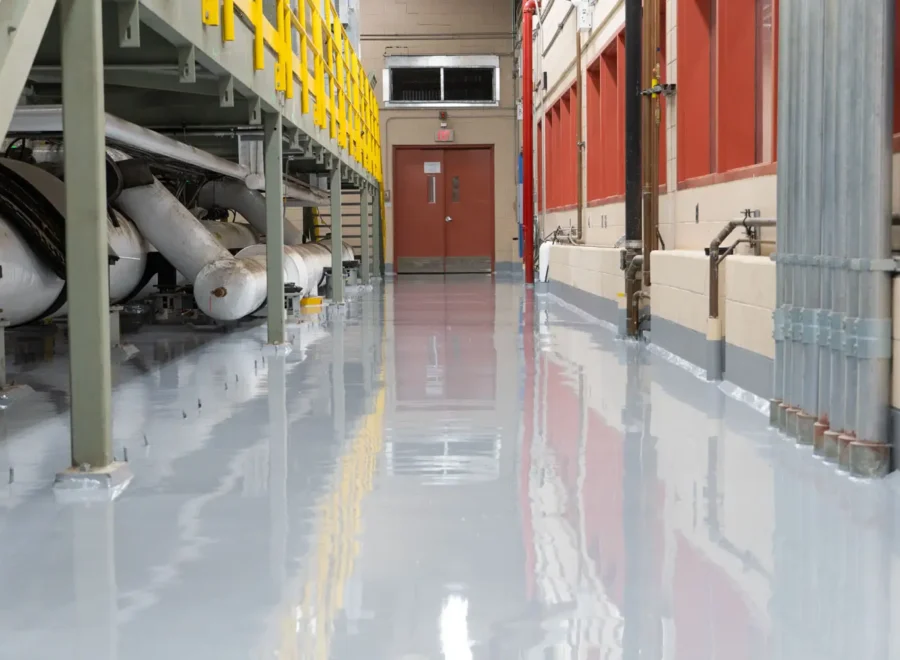 Mechanical Room, long corridor covered with epoxy flooring