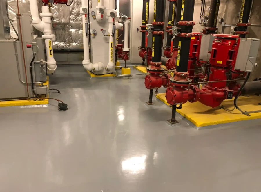 ICC Mechanical Room, finished work with epoxy flooring and yellow safety banding